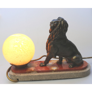 Art Deco bronzed spelter & marble novelty British Empire Lion Table Lamp C.1930s