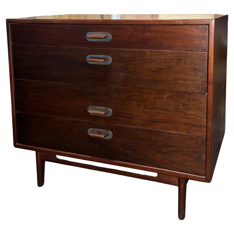 Mid-Century Modern Jens Risom Walnut & Silver Chest of Drawers, Writing Desk