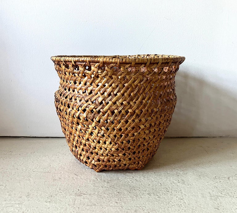 Mid-century Modern Large Open-Weave Rattan Wicker Storage Basket, Plant Holder