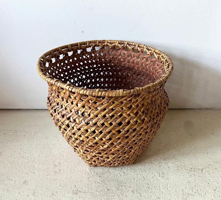 Mid-century Modern Large Open-Weave Rattan Wicker Storage Basket, Plant Holder