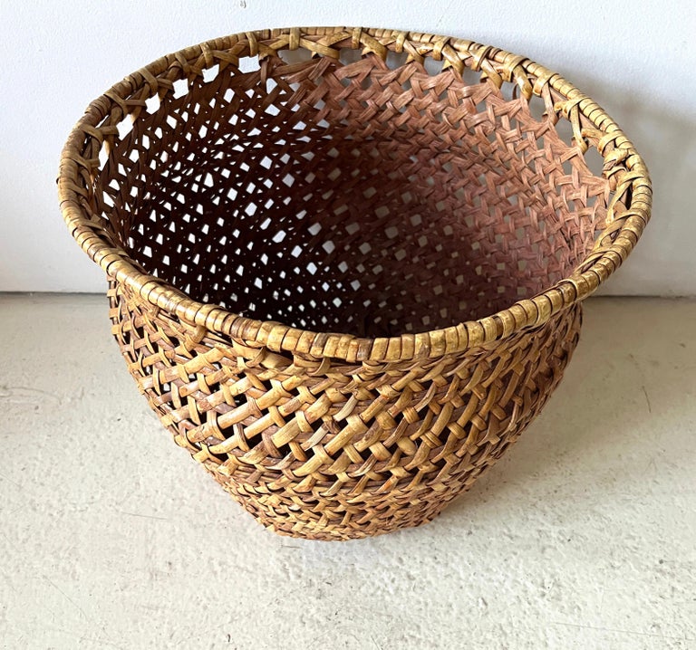 Mid-century Modern Large Open-Weave Rattan Wicker Storage Basket, Plant Holder