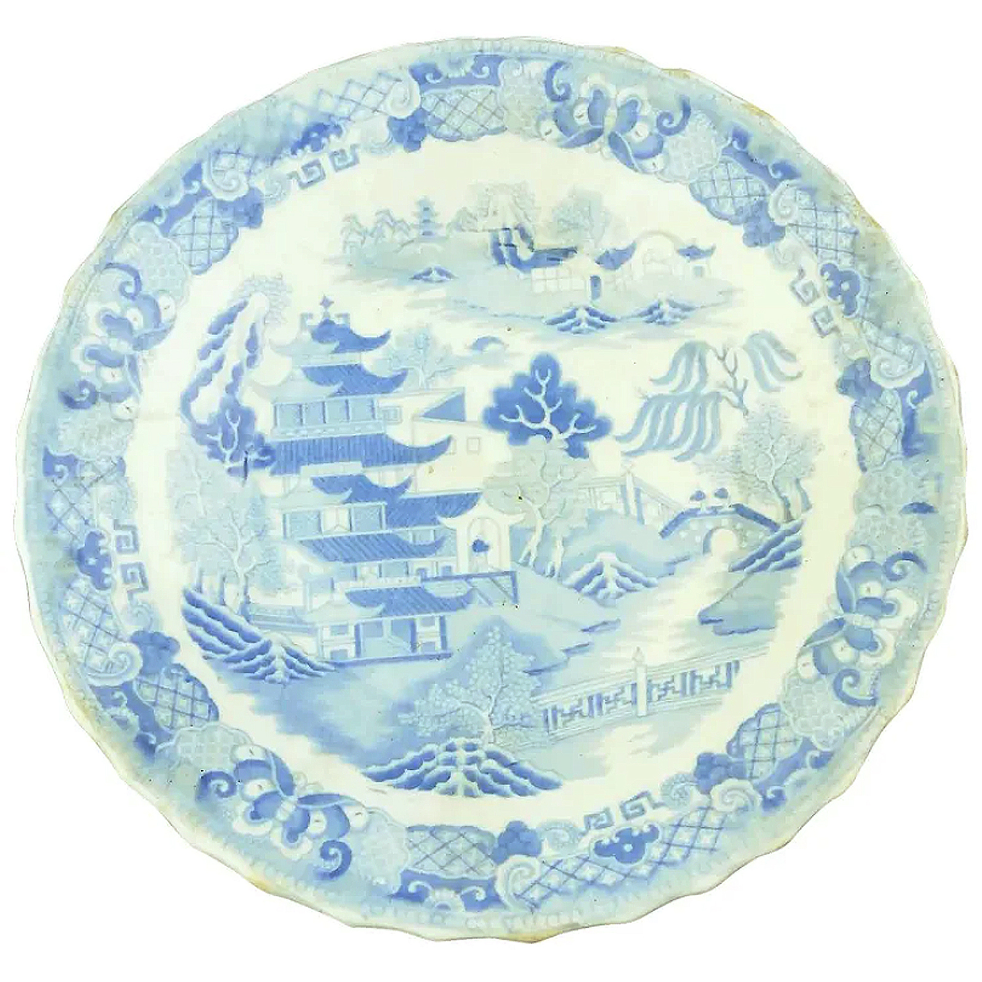 An antique Georgian Miles Mason pottery B&W Broseley Willow Pagoda Plate C.1800+