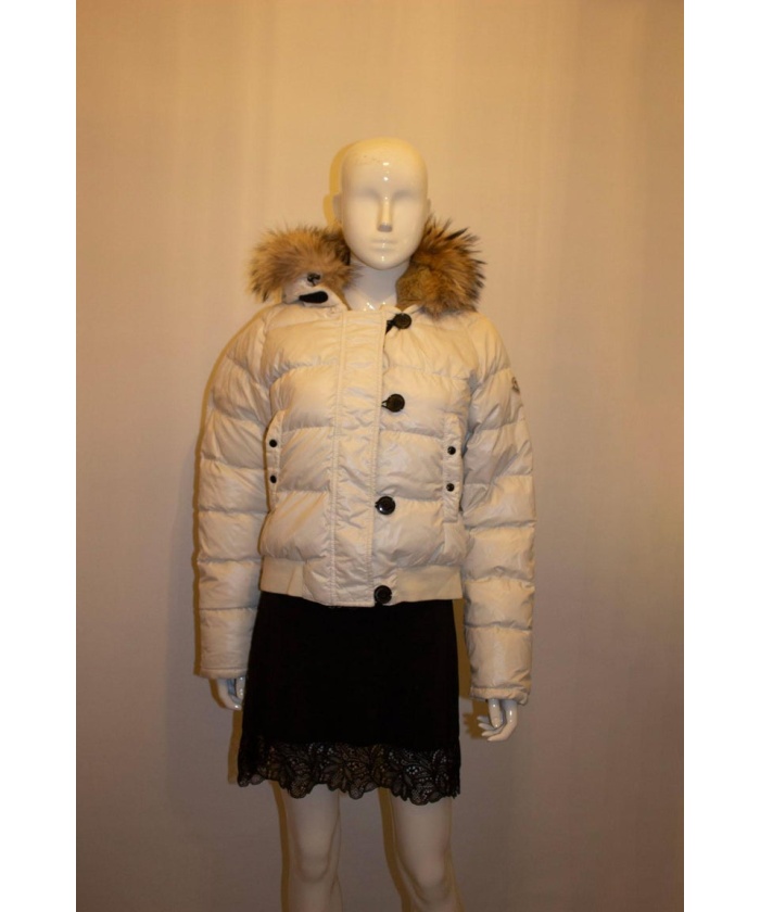 Moncler White Hooded Jacket with Fur trim