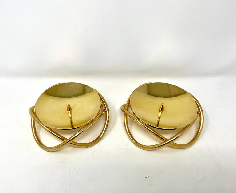 Pair Georg Jensen Gold Glow Candle Holders, Metal Pillar Candle Stand