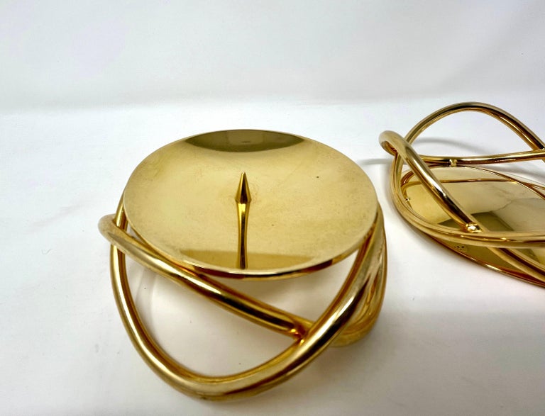 Pair Georg Jensen Gold Glow Candle Holders, Metal Pillar Candle Stand