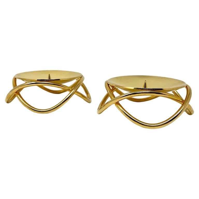Pair Georg Jensen Gold Glow Candle Holders, Metal Pillar Candle Stand