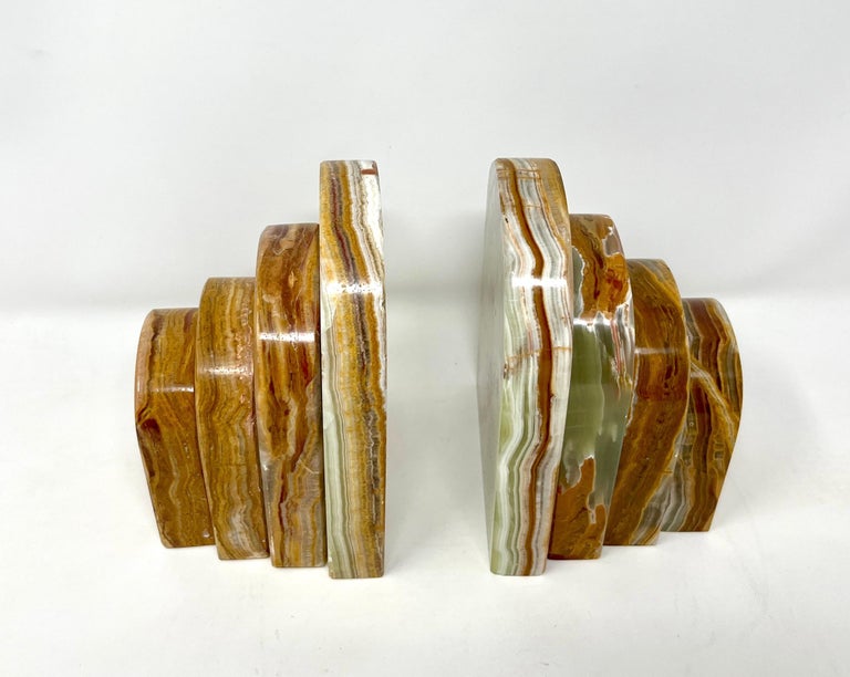 Pair Graduated Art Deco Style Book Ends in Polished Brown and Green Onyx