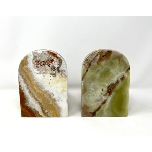 Pair Graduated Art Deco Style Book Ends in Polished Brown and Green Onyx