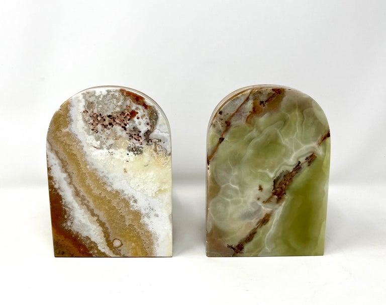 Pair Graduated Art Deco Style Book Ends in Polished Brown and Green Onyx