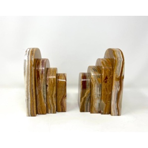 Pair Graduated Art Deco Style Book Ends in Polished Brown and Green Onyx
