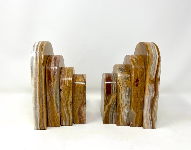 Pair Graduated Art Deco Style Book Ends in Polished Brown and Green Onyx