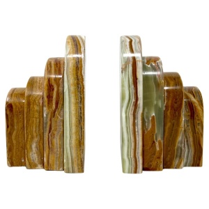 Pair Graduated Art Deco Style Book Ends in Polished Brown and Green Onyx
