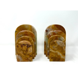 Pair Graduated Art Deco Style Book Ends in Polished Brown and Green Onyx