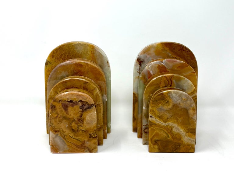 Pair Graduated Art Deco Style Book Ends in Polished Brown and Green Onyx