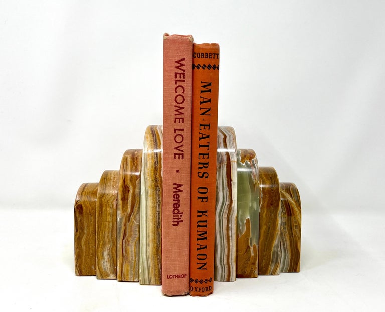 Pair Graduated Art Deco Style Book Ends in Polished Brown and Green Onyx