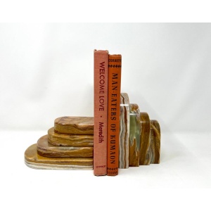 Pair Graduated Art Deco Style Book Ends in Polished Brown and Green Onyx