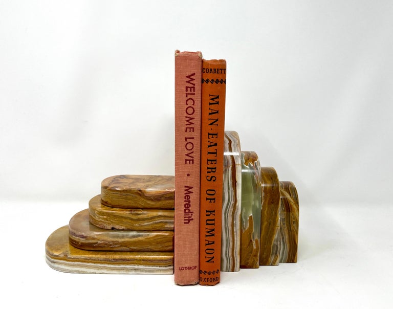 Pair Graduated Art Deco Style Book Ends in Polished Brown and Green Onyx