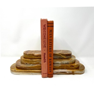 Pair Graduated Art Deco Style Book Ends in Polished Brown and Green Onyx