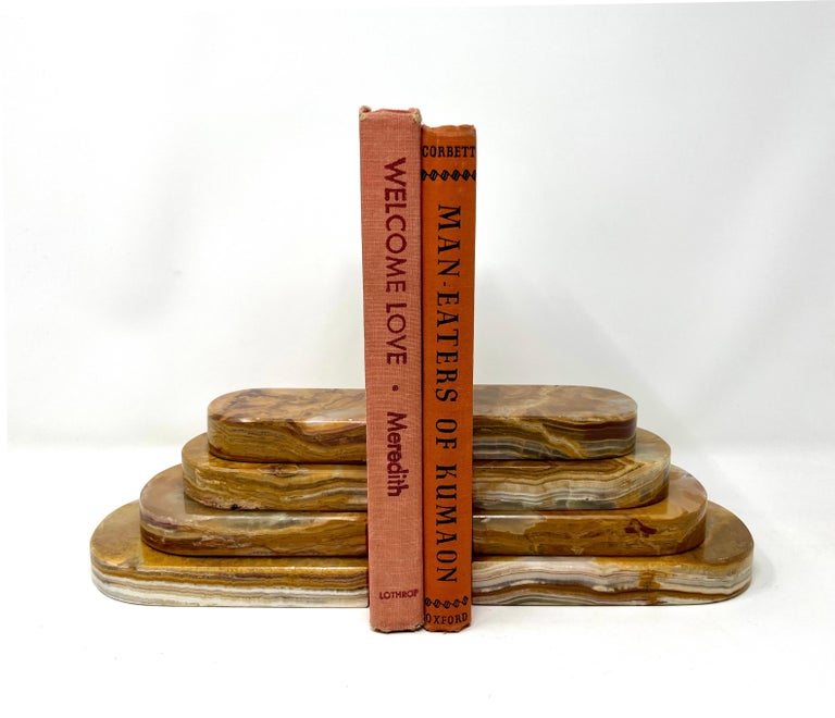 Pair Graduated Art Deco Style Book Ends in Polished Brown and Green Onyx