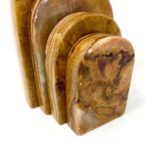 Pair Graduated Art Deco Style Book Ends in Polished Brown and Green Onyx