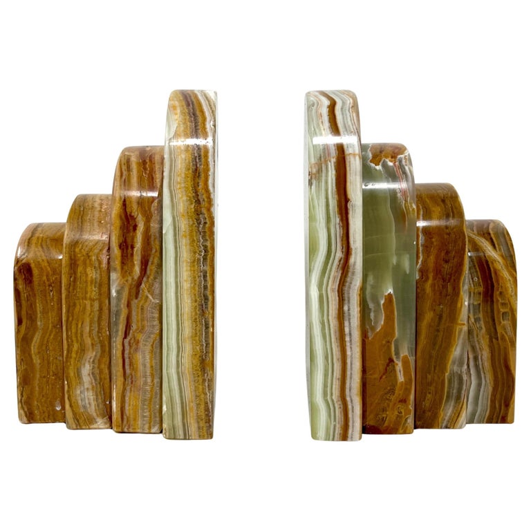 Pair Graduated Art Deco Style Book Ends in Polished Brown and Green Onyx