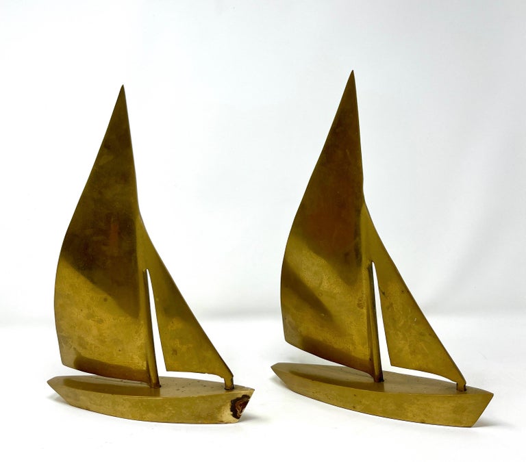 Pair Postmodern Brass Sailboat Bookends or Sculptures, Nautical Desktop
