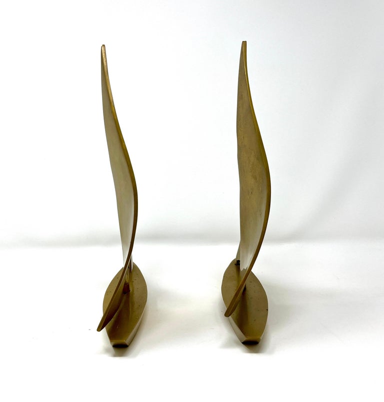 Pair Postmodern Brass Sailboat Bookends or Sculptures, Nautical Desktop