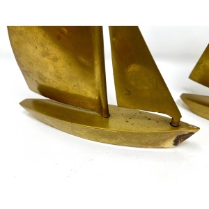Pair Postmodern Brass Sailboat Bookends or Sculptures, Nautical Desktop
