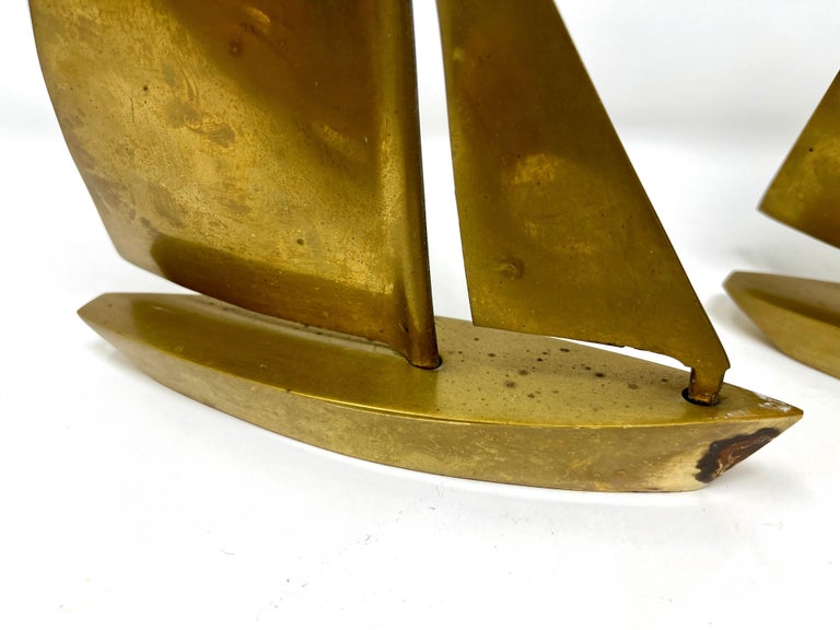 Pair Postmodern Brass Sailboat Bookends or Sculptures, Nautical Desktop