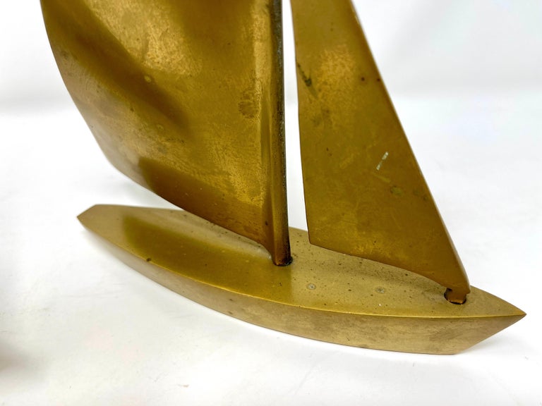 Pair Postmodern Brass Sailboat Bookends or Sculptures, Nautical Desktop