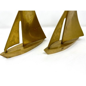 Pair Postmodern Brass Sailboat Bookends or Sculptures, Nautical Desktop