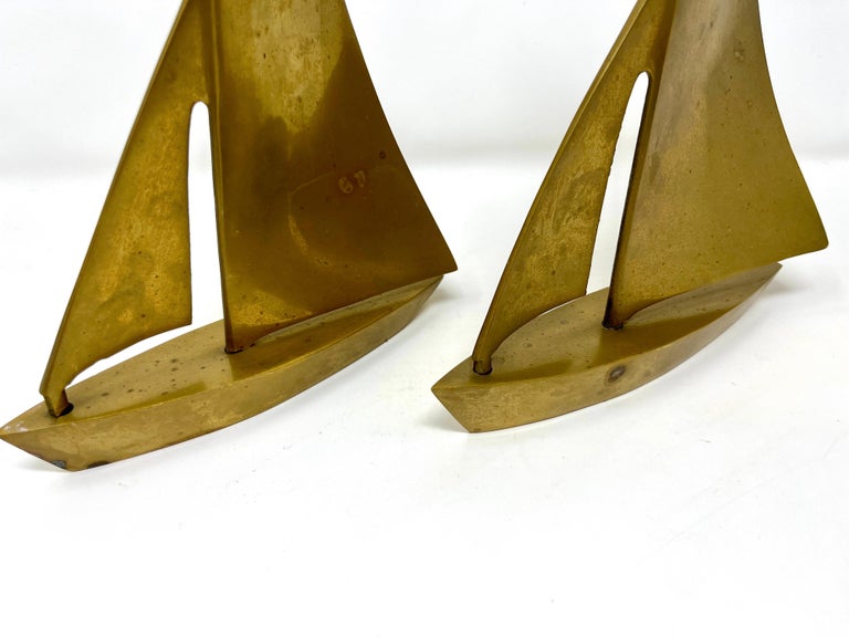 Pair Postmodern Brass Sailboat Bookends or Sculptures, Nautical Desktop