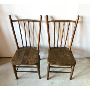 Pair Primitive American Antique 19th Century Spindle Back Wood Chairs