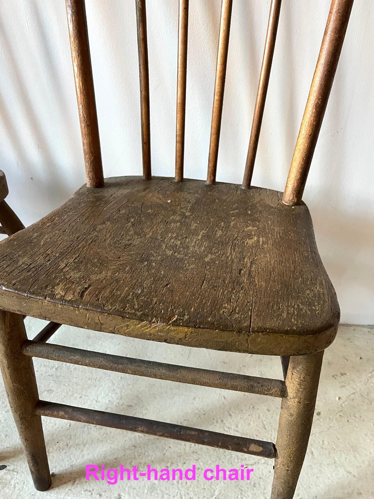 Pair Primitive American Antique 19th Century Spindle Back Wood Chairs