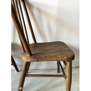 Pair Primitive American Antique 19th Century Spindle Back Wood Chairs