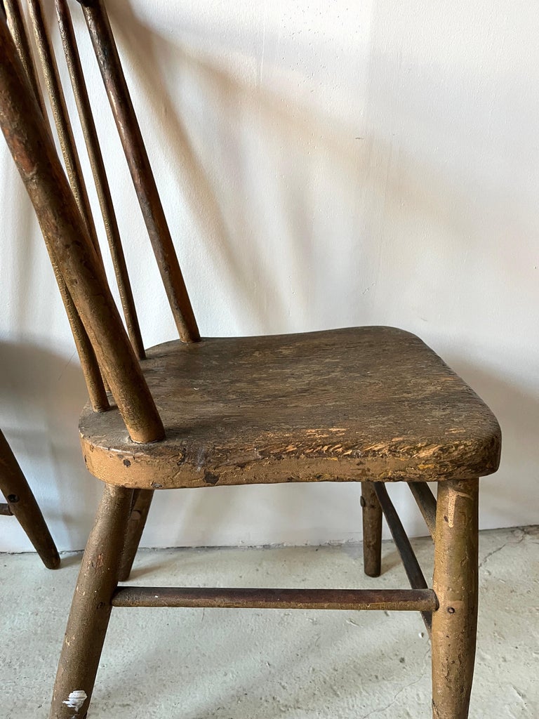 Pair Primitive American Antique 19th Century Spindle Back Wood Chairs