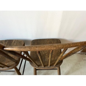 Pair Primitive American Antique 19th Century Spindle Back Wood Chairs