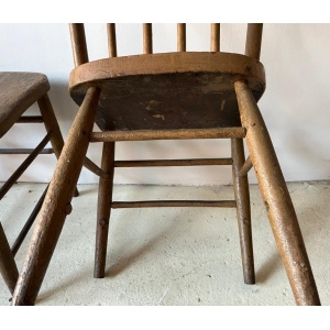Pair Primitive American Antique 19th Century Spindle Back Wood Chairs