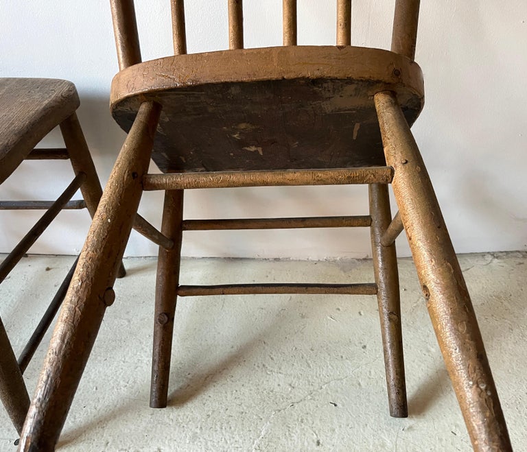 Pair Primitive American Antique 19th Century Spindle Back Wood Chairs