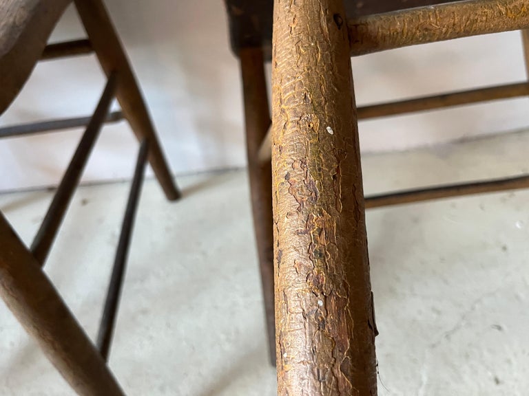 Pair Primitive American Antique 19th Century Spindle Back Wood Chairs