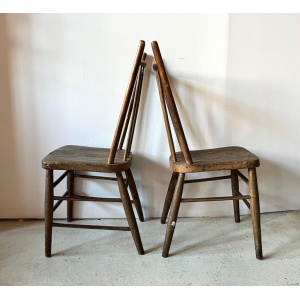 Pair Primitive American Antique 19th Century Spindle Back Wood Chairs