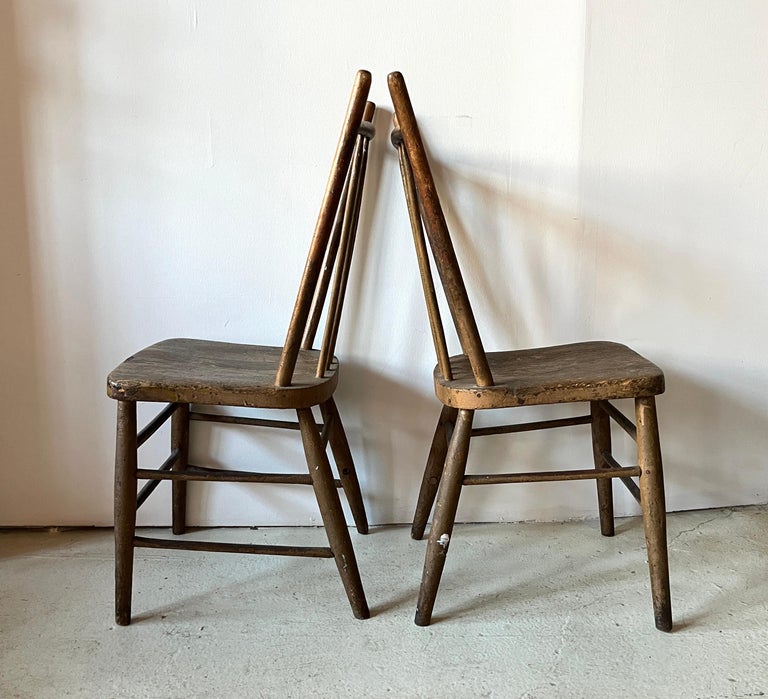 Pair Primitive American Antique 19th Century Spindle Back Wood Chairs