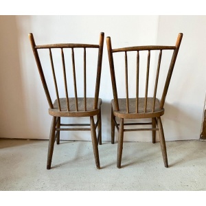 Pair Primitive American Antique 19th Century Spindle Back Wood Chairs