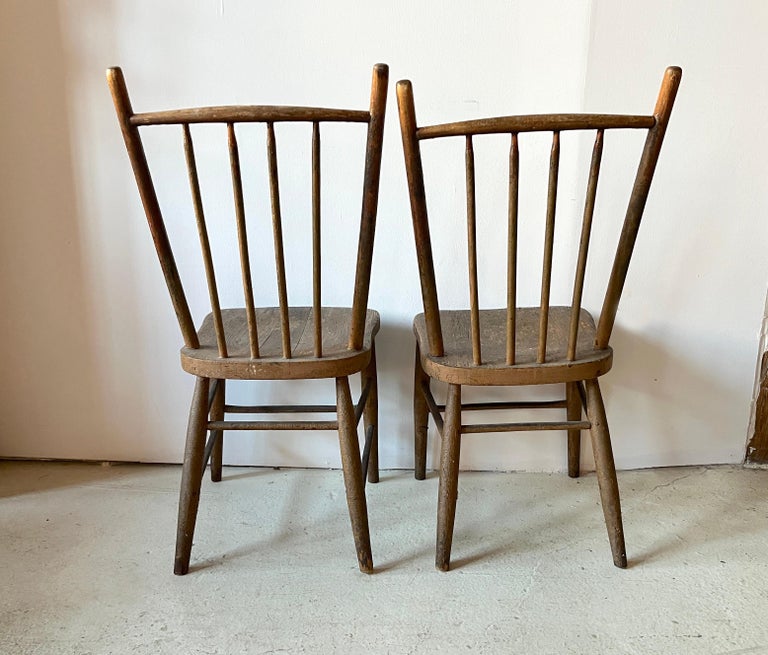 Pair Primitive American Antique 19th Century Spindle Back Wood Chairs