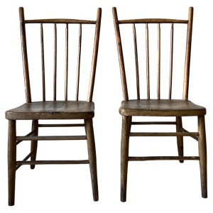 Pair Primitive American Antique 19th Century Spindle Back Wood Chairs