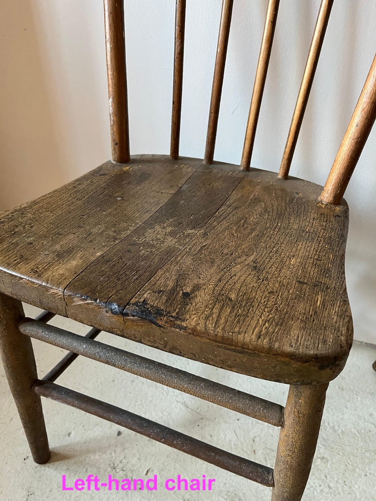 Pair Primitive American Antique 19th Century Spindle Back Wood Chairs
