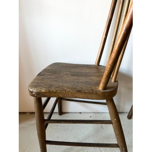 Pair Primitive American Antique 19th Century Spindle Back Wood Chairs