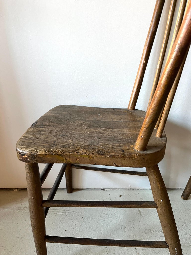 Pair Primitive American Antique 19th Century Spindle Back Wood Chairs