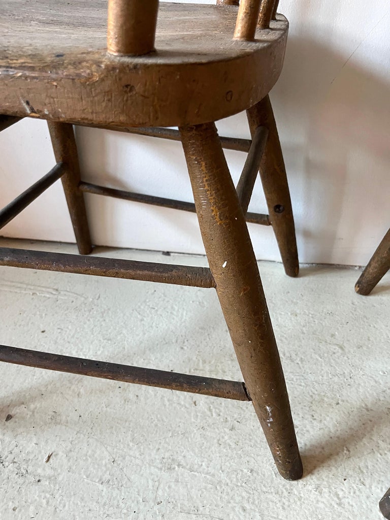 Pair Primitive American Antique 19th Century Spindle Back Wood Chairs