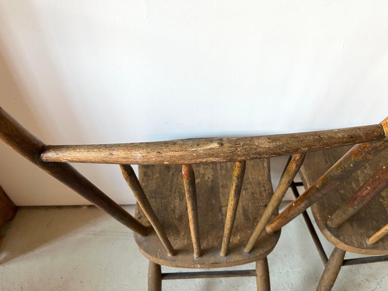 Pair Primitive American Antique 19th Century Spindle Back Wood Chairs